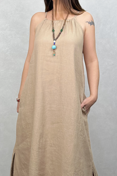 Amore Keten Elbise - Naturel Camel
