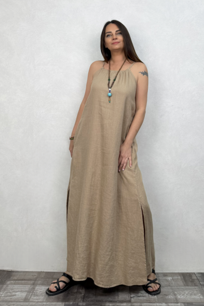 Amore Keten Elbise - Naturel Camel