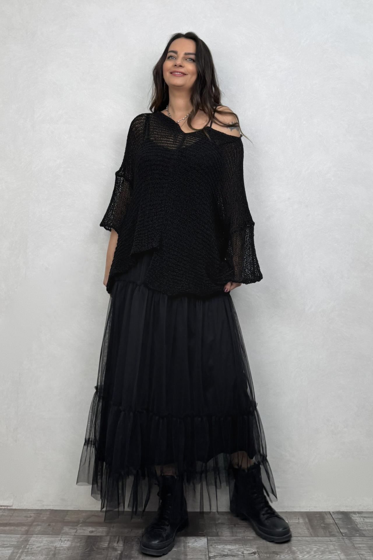 Merserize Bluz ve Tül Etek Kombin - Siyah