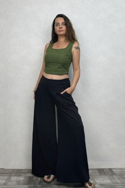 Sırt Lastikli Fit Crop Bluz - Haki