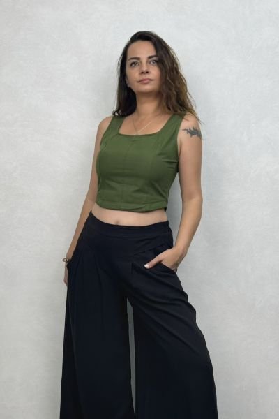 Sırt Lastikli Fit Crop Bluz - Haki