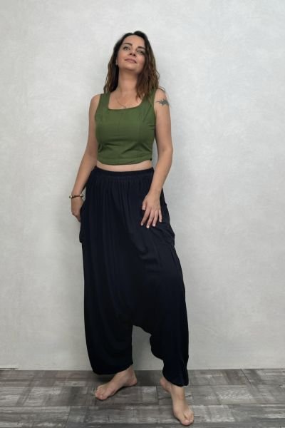 Sırt Lastikli Fit Crop Bluz - Haki