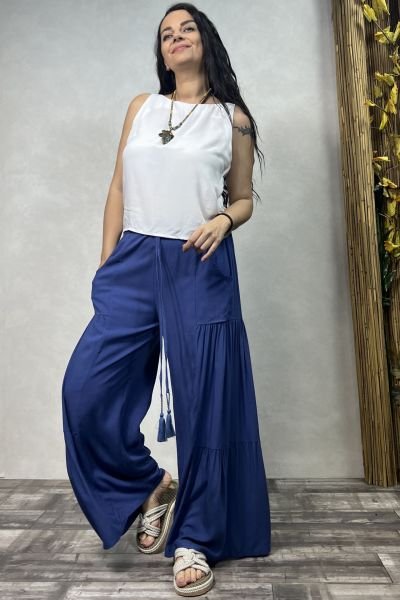 Pileli Salaş Pantolon - Indigo