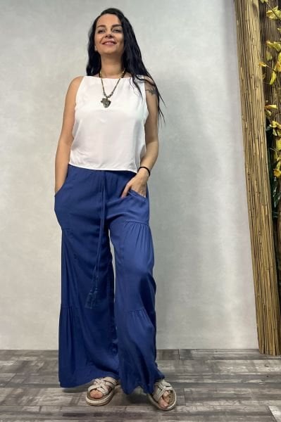 Pileli Salaş Pantolon - Indigo