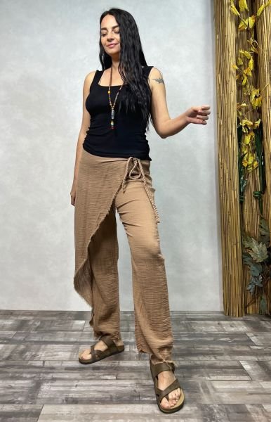 Hera Kapaklı Müslin Pantolon Praline- Kahve