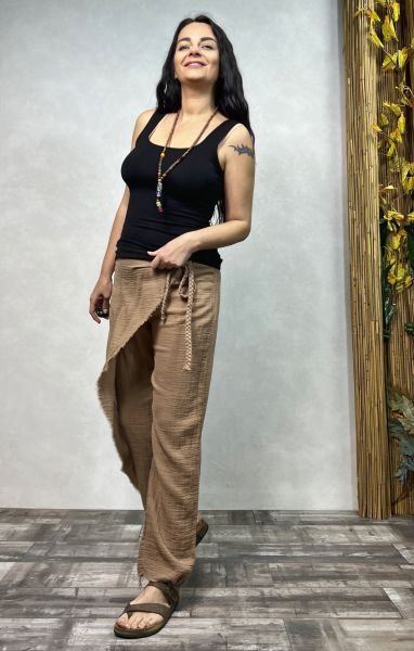Hera Kapaklı Müslin Pantolon Praline- Kahve