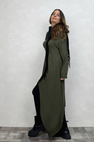 Asimetrik Maxi Uzun Tunik Elbise - Haki Yeşil