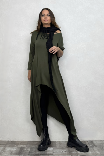 Asimetrik Maxi Uzun Tunik Elbise - Haki Yeşil