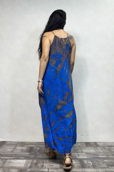 Batik Yırtmaçlı Elbise - Mavi