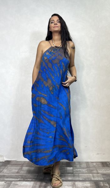 Batik Yırtmaçlı Elbise - Mavi