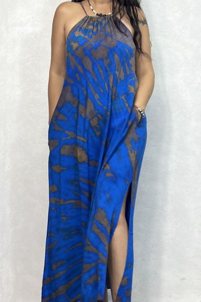 Batik Yırtmaçlı Elbise - Mavi