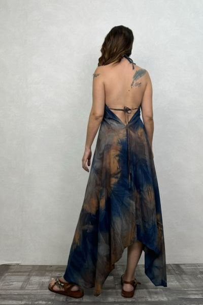 Sırt Dekolteli Batik Elbise - Lacivert