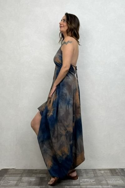 Sırt Dekolteli Batik Elbise - Lacivert