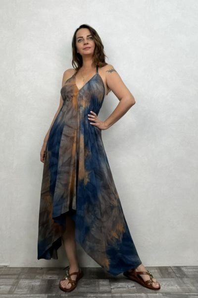 Sırt Dekolteli Batik Elbise - Lacivert