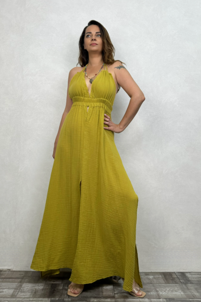 Lilith Müslin Elbise Golden Olive - Limon Küfü