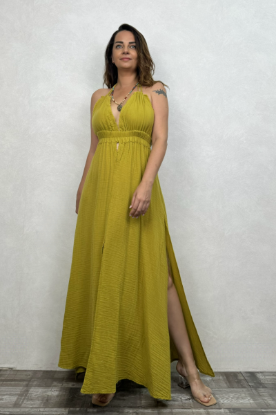 Lilith Müslin Elbise Golden Olive - Limon Küfü