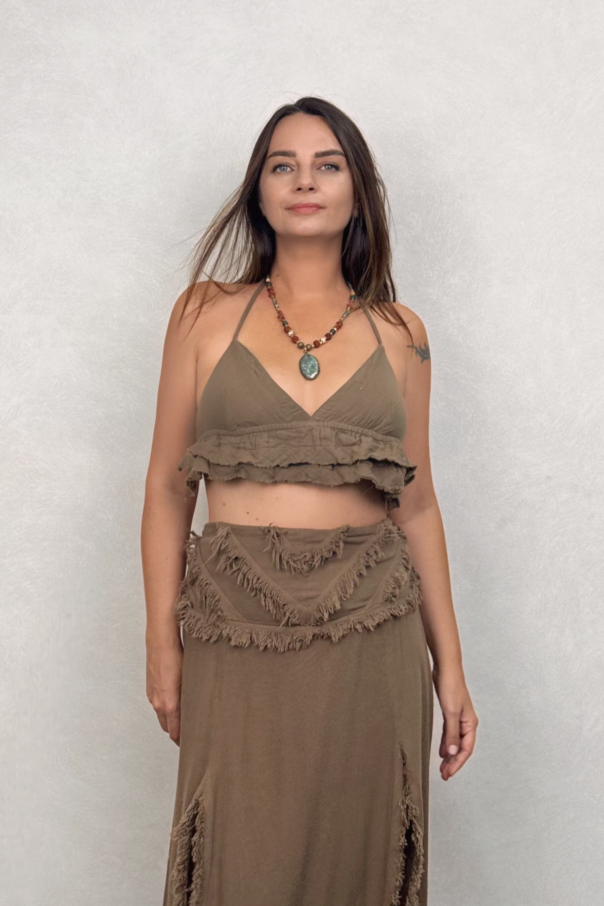 Vialis Fırfırlı Crop Neutral Brown - Doğal Kahve