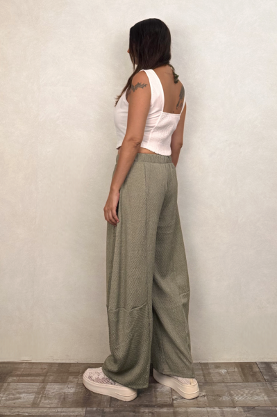 Paça Detaylı Gofre Pantolon - Açık Haki