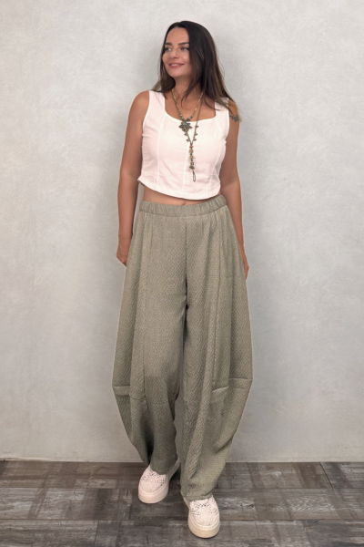 Paça Detaylı Gofre Pantolon - Açık Haki