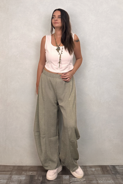 Paça Detaylı Gofre Pantolon - Açık Haki