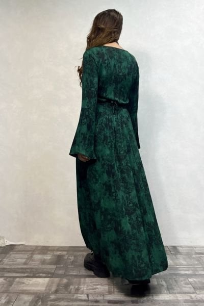 Belden Bağlamalı İspanyol Elbise - Yeşil Siyah