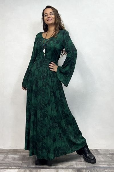 Belden Bağlamalı İspanyol Elbise - Yeşil Siyah