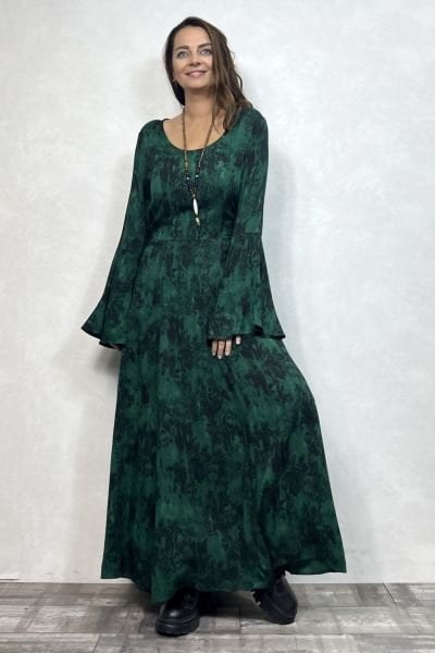 Belden Bağlamalı İspanyol Elbise - Yeşil Siyah