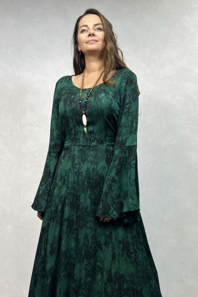 Belden Bağlamalı İspanyol Elbise - Yeşil Siyah