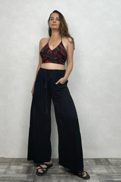 Boyundan Bağlamalı Kuplu Crop Bluz - Kırmızı Zebra
