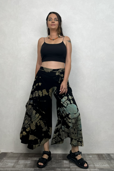 Yırtmaçlı Batik Pantolon - Siyah Yeşil