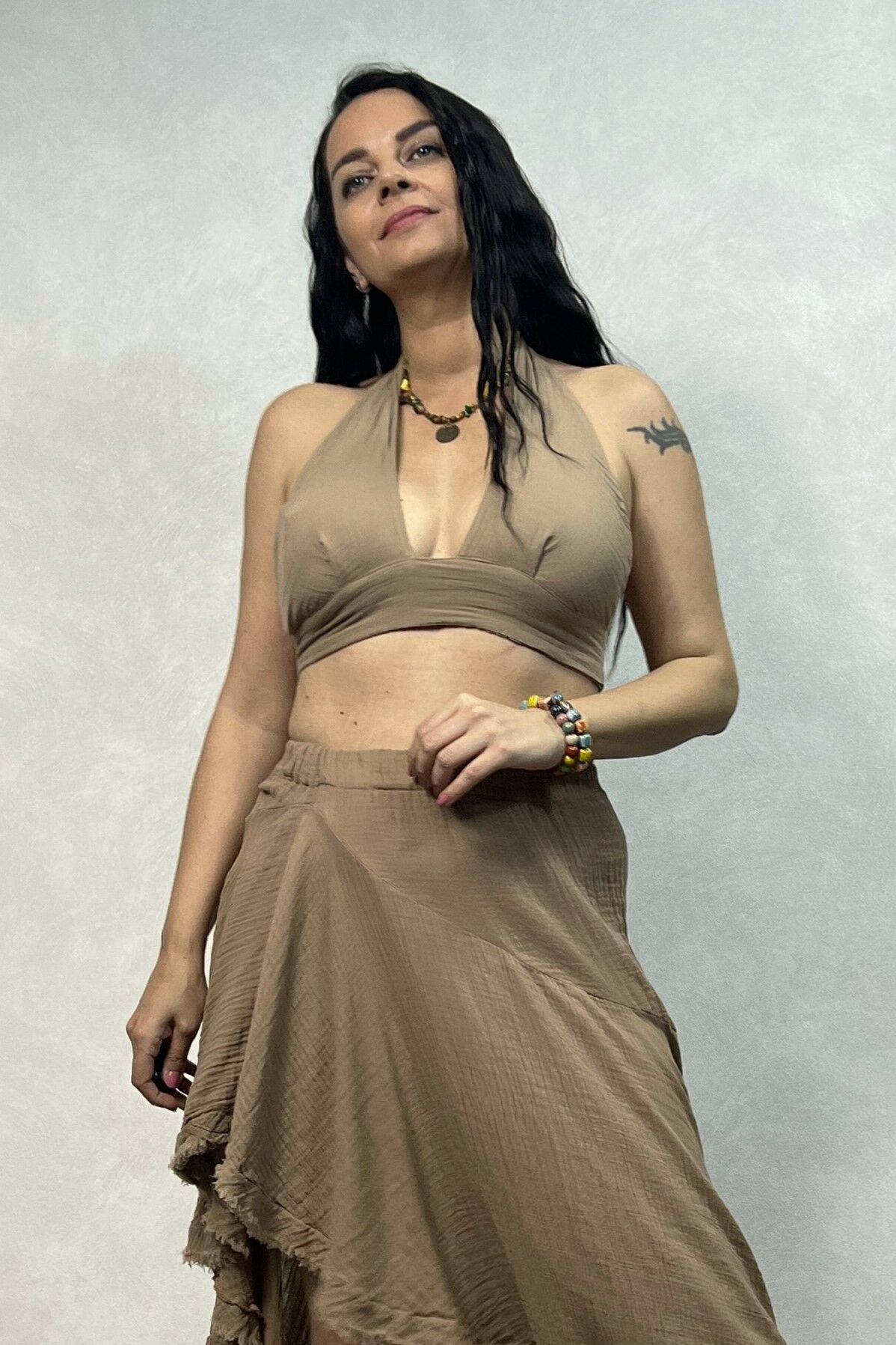 Eve Bağlamalı Müslin Crop Top Praline - Kahverengi