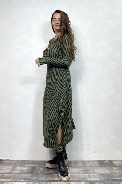 Layla Kayık Yaka Bohem Kışlık Elbise - Haki Zebra