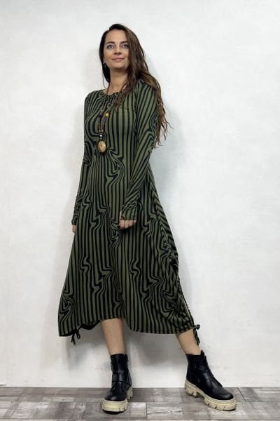 Layla Kayık Yaka Bohem Kışlık Elbise - Haki Zebra
