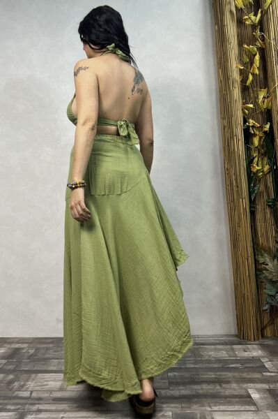 Eve Bağlamalı Müslin Crop Top Sage Green - Yeşil