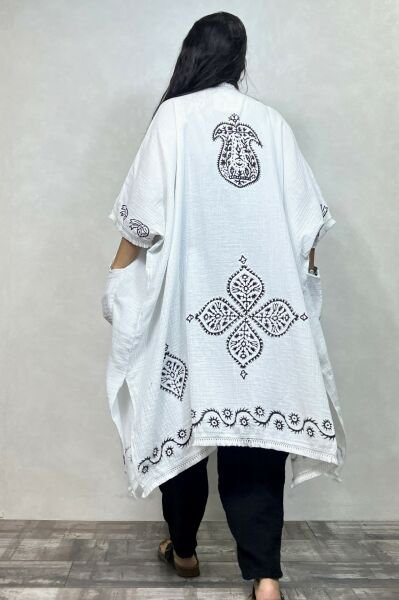 Antik Taş Baskı Müslin Kaftan  - Beyaz