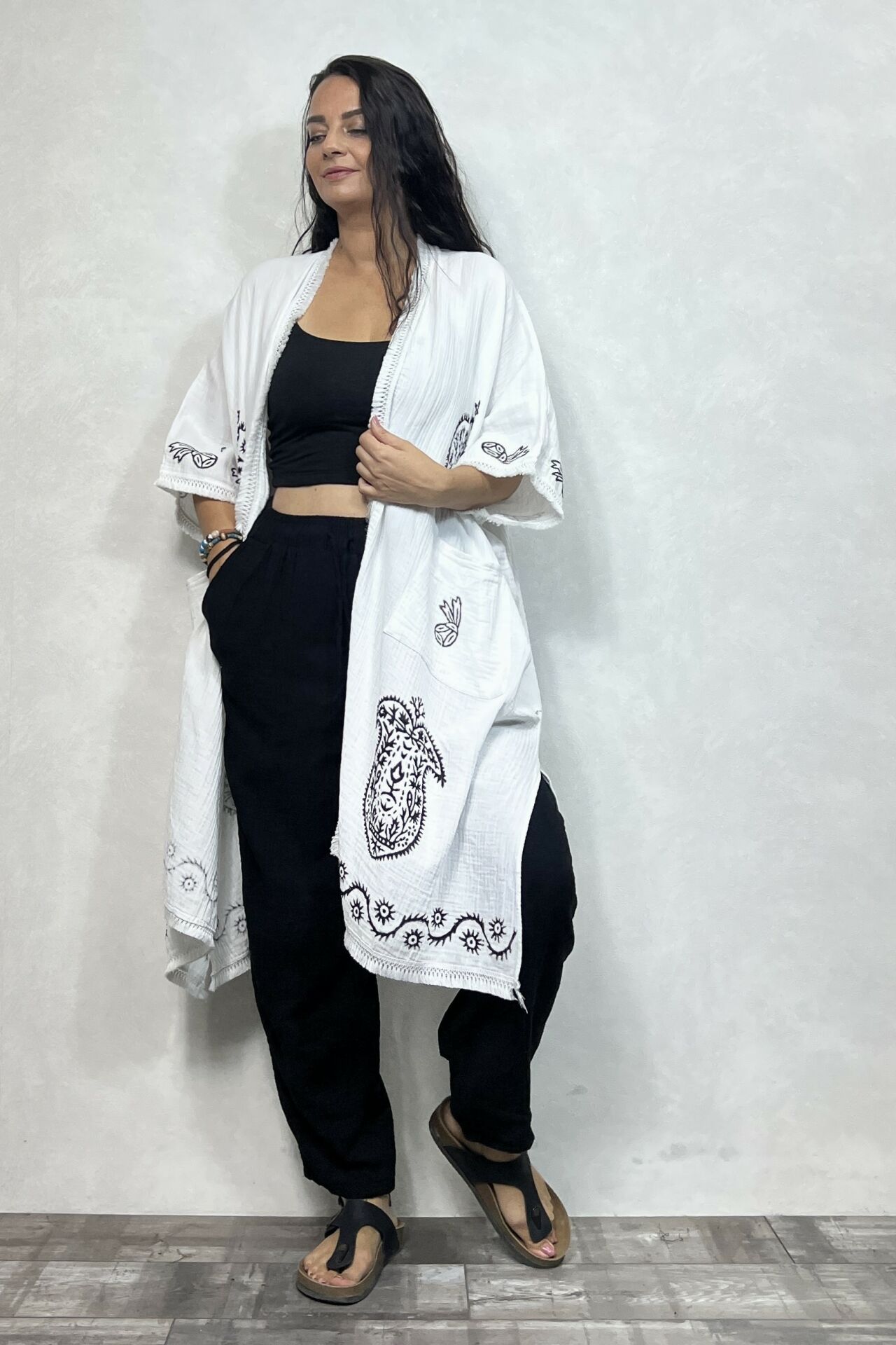 Antik Taş Baskı Müslin Kaftan  - Beyaz