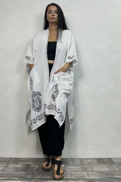 Antik Taş Baskı Müslin Kaftan  - Beyaz