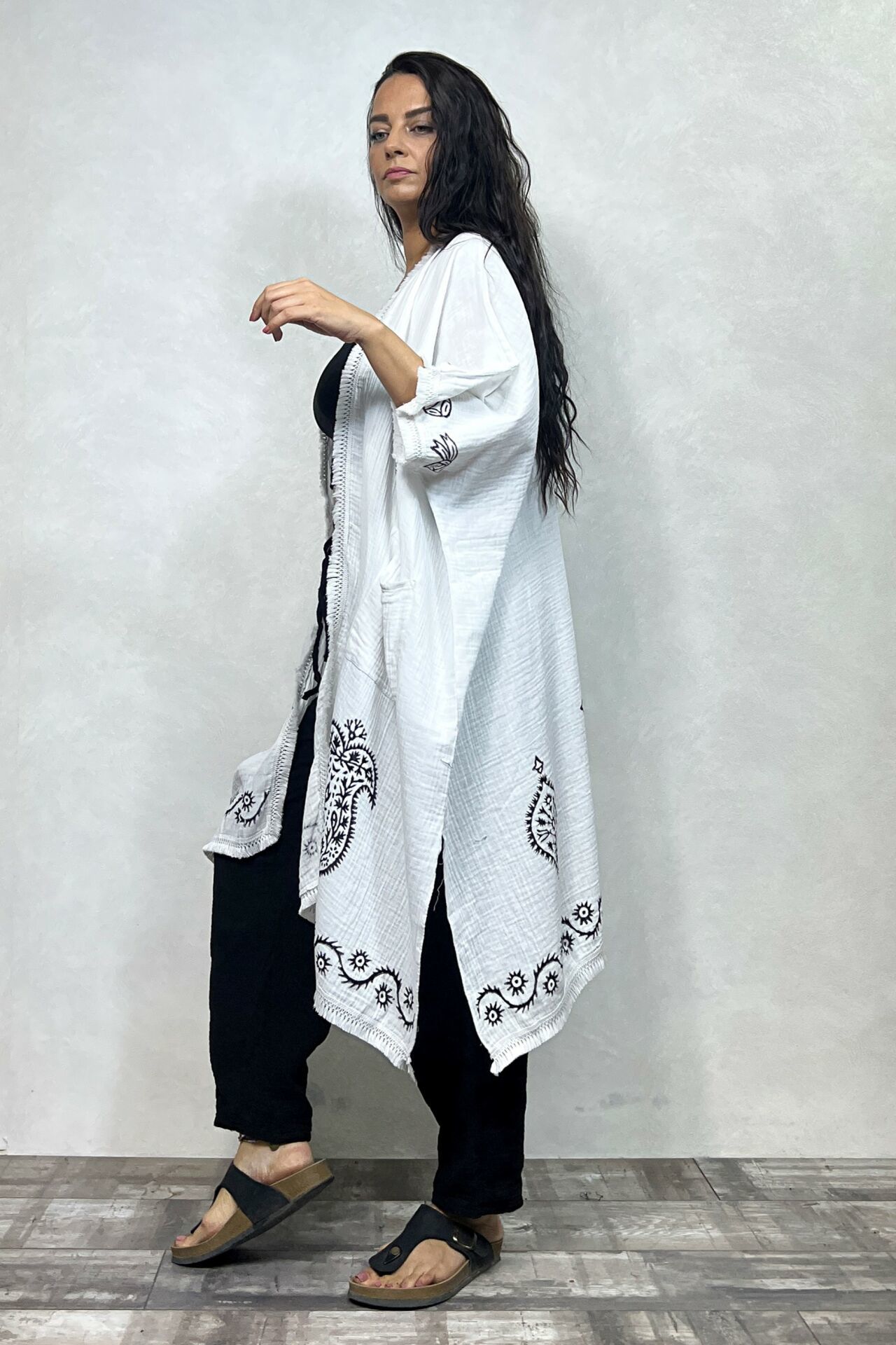 Antik Müslin Kaftan- Pantolon Takım  - Siyah Beyaz