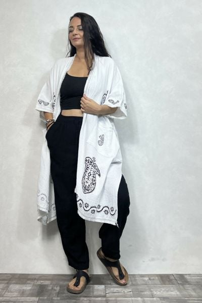 Antik Müslin Kaftan- Pantolon Takım  - Siyah Beyaz