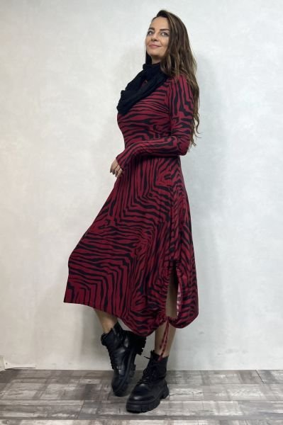 Layla Kayık Yaka Bohem Kışlık Elbise - Bordo Zebra