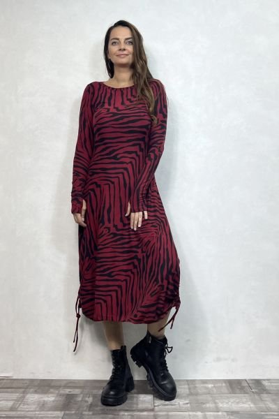 Layla Kayık Yaka Bohem Kışlık Elbise - Bordo Zebra