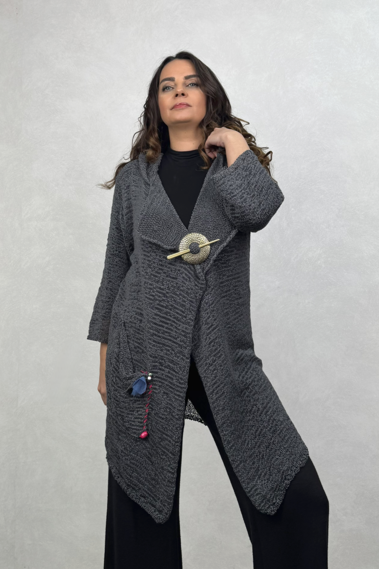 Shaggy Kapşonlu Merserize Hırka - Antrasit