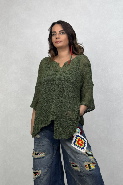 Kayık Yaka Merserize Bluz - Haki Yeşil