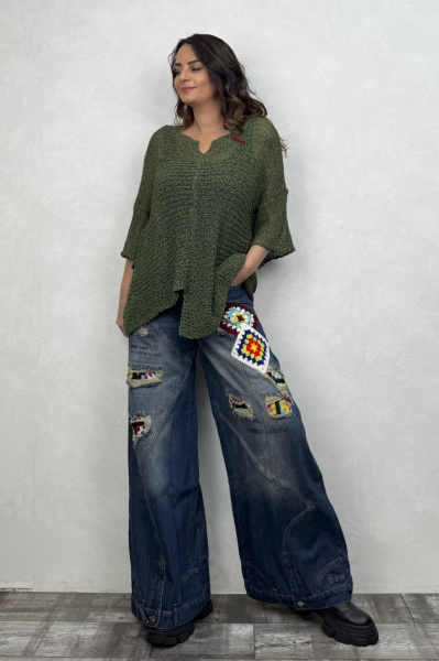 Kayık Yaka Merserize Bluz - Haki Yeşil