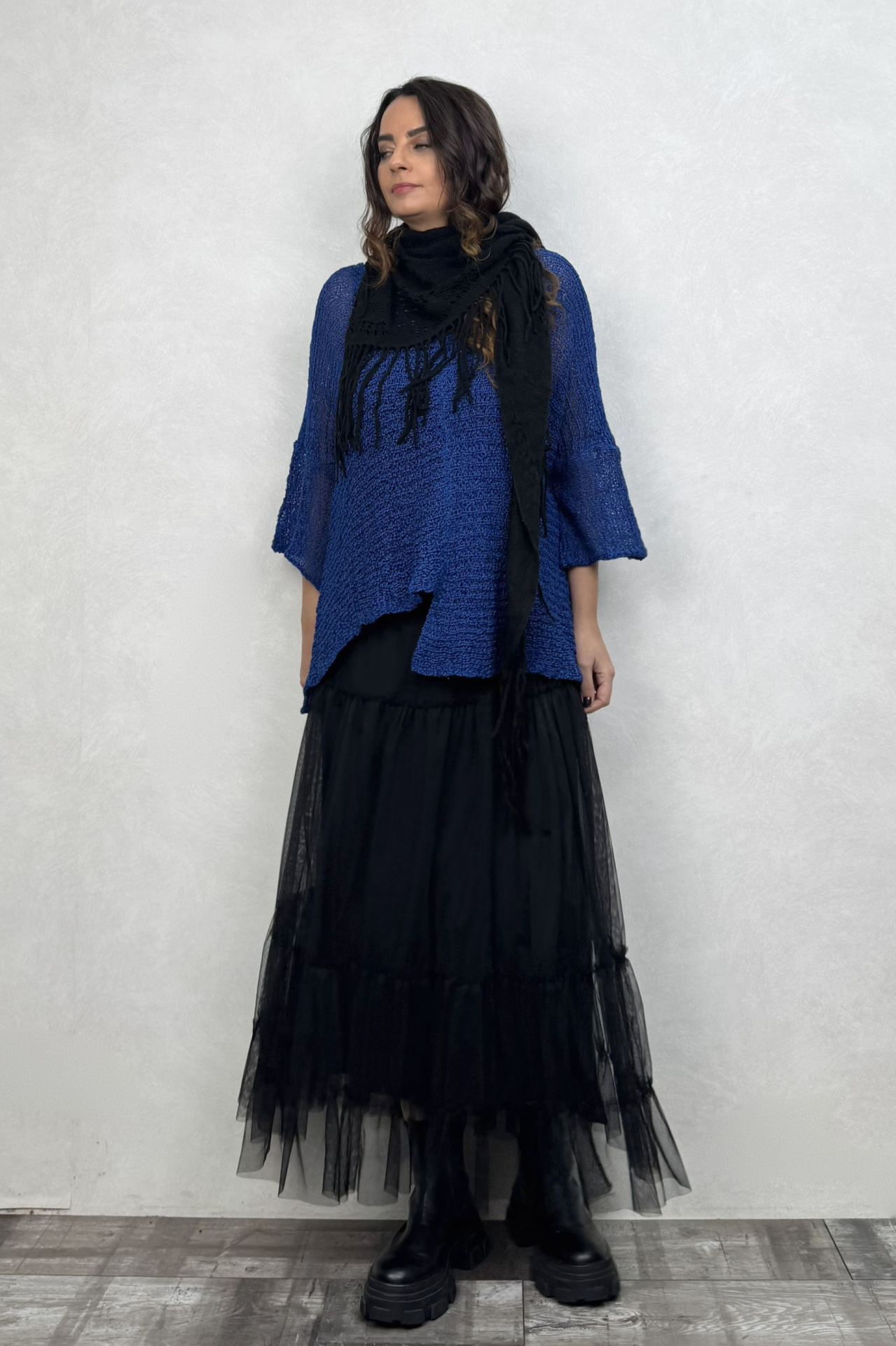 Merserize Bluz ve Tül Etek Kombin - Sax Mavi Siyah