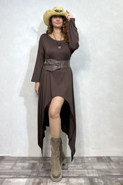 Asimetrik Maxi Uzun Tunik Elbise - Kahverengi