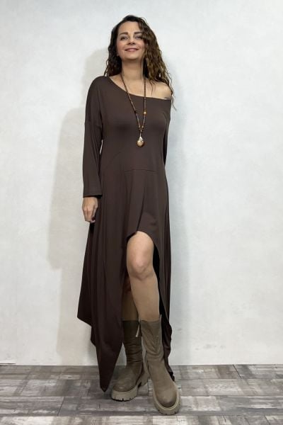 Asimetrik Maxi Uzun Tunik Elbise - Kahverengi