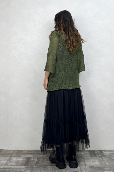 Merserize Bluz ve Tül Etek Kombin - Haki Yeşil Siyah