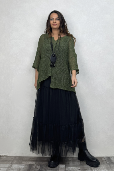 Merserize Bluz ve Tül Etek Kombin - Haki Yeşil Siyah