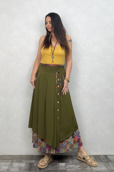 Çift Katlı Polly Gypsy Etek - Haki Desenli